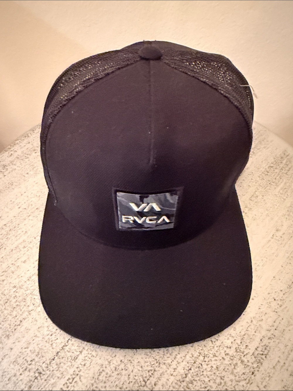 RVCA Black Logo Patch Flat Brim Truckers Hat